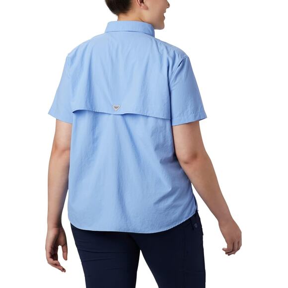 Columbia Women PFG Plus Size 2X Bahama Short Sleeve Button Up Shirt Light Blue - Picture 2 of 3